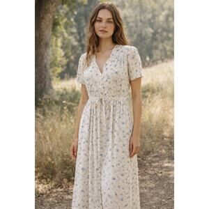 Christy Dawn "Dawn Dress" Blue Tulips Floral Midi Cotton Size P-S Cottagecore